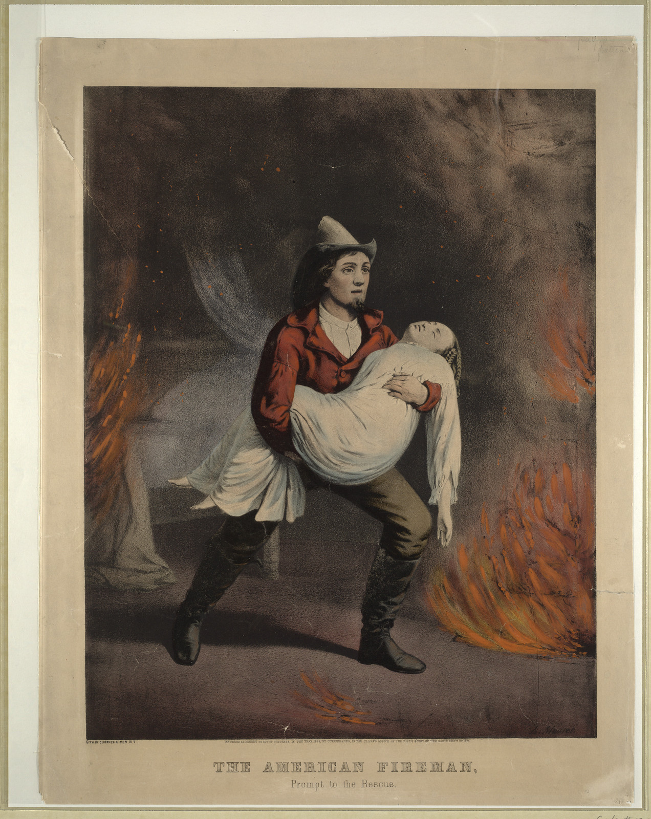 The American fireman: prompt to the rescue, [New York] : Currier & Ives, 1858. — antique lithograph