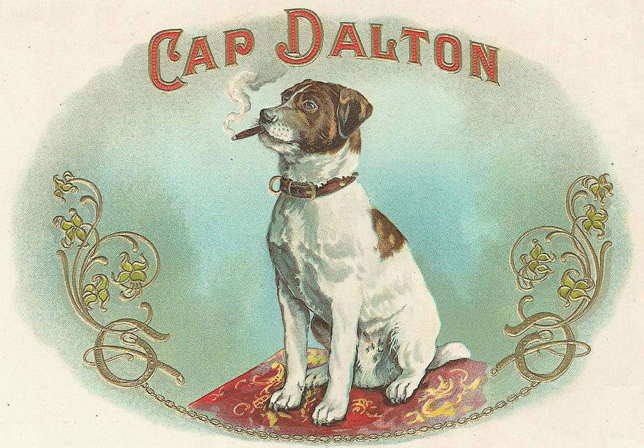 Cap Dalton cigar box label with smoking dog — historic image
