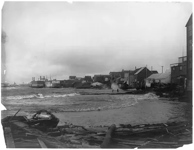 [Nome (and vicinity), Alaska, 1900]: Wreckage along Snake River, Nome [caused by storm]