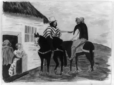 [Two people on horseback, possibly Colombian, in front of house with family and dog in doorway]