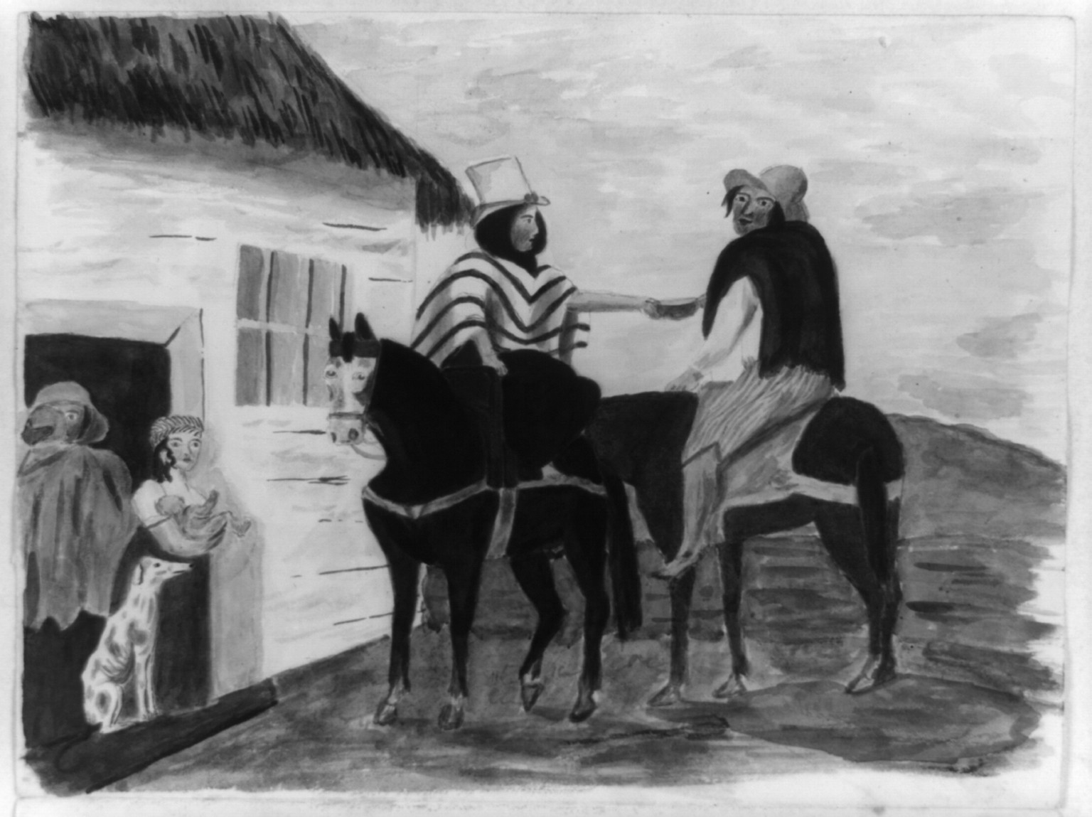 [Two people on horseback, possibly Colombian, in front of house with family and dog in doorway], [ca. 1850] — historic drawing