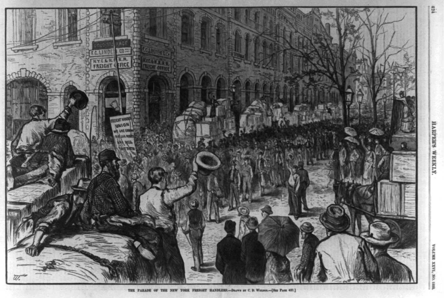 The parade of the New York [striking] freight handlers, 1882 — antique engraving