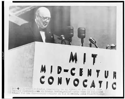 Boston - Winston Churchill, in an adress [sic] at the M.I.T. Mid-Century Convocation at Boston Garden, smiled wryly when he commended Truman for his forecasting ability on the election