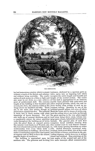 Engraving of a hay wagon, titled The Greenhouse, on a magazine page