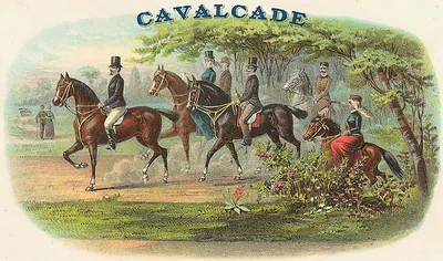 Cavalcade: riders on horseback in a color lithograph