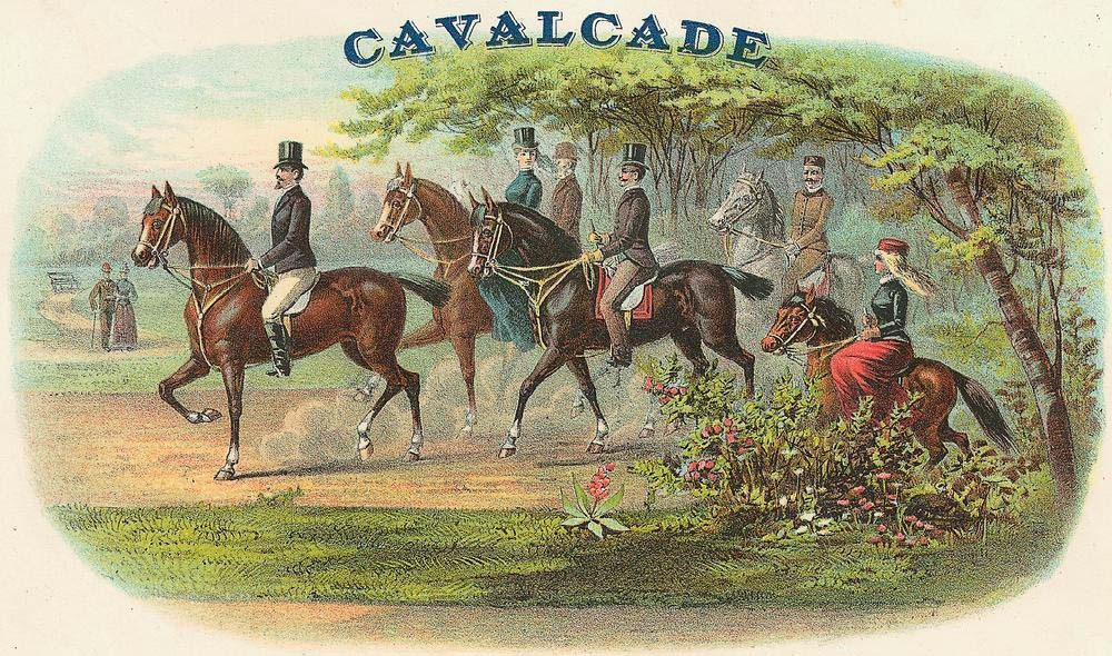 Cavalcade: riders on horseback in a color lithograph — antique lithograph