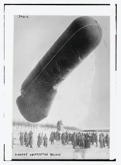 German Observation balloon in snow, w/ soldiers