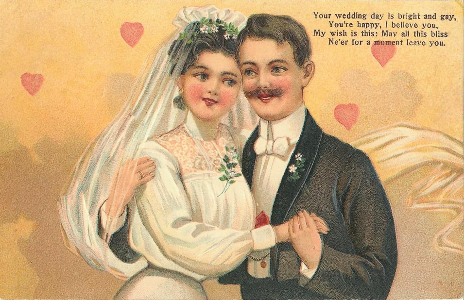 Bride and groom vintage postcard with wedding verse — vintage postcard