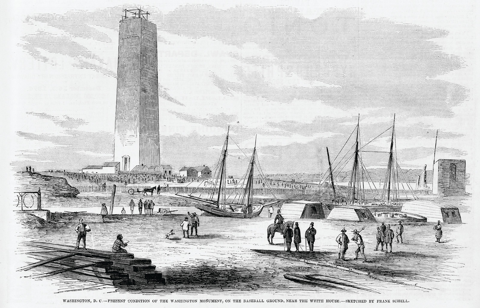Washington, D.C. - present condition of the Washington Monument, on the baseball ground, near the White House / sketched by Frank Schell., 1874 — antique engraving