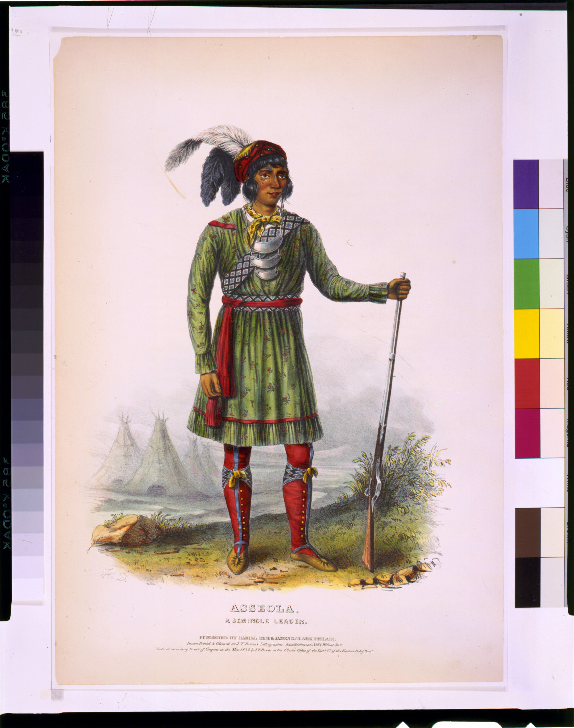 Asseola, a Seminole leader / drawn, printed, & coloured at J.T. Brown's lithographic establishment., Philadelphia : Published by Daniel Rice & James G. Clark, c1842. — antique lithograph