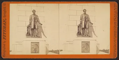 Stereograph of Lincoln statue on National Lincoln Monument, Springfield, Illinois