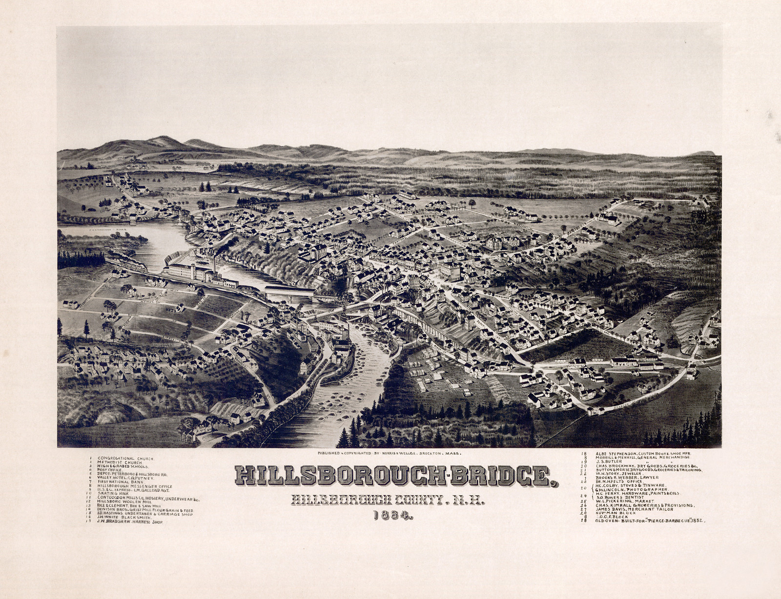 NH Hillsborough Bridge 1884 MAP, 1884 — antique map