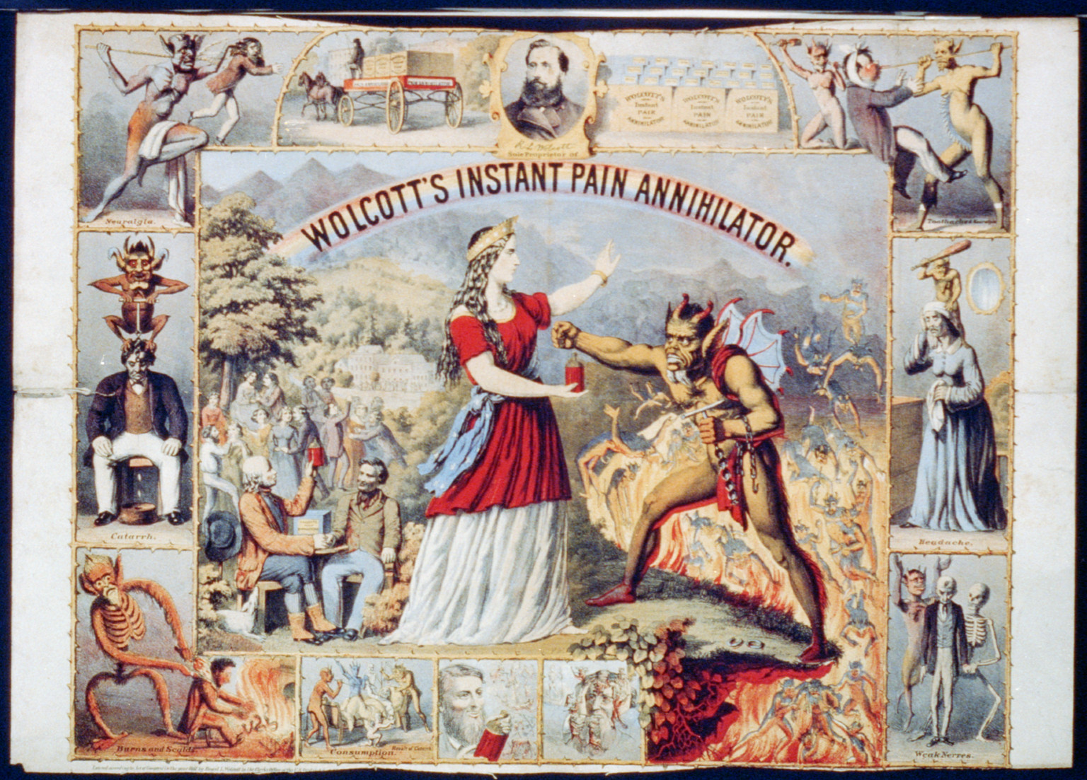 Wolcott's Instant Pain Annihilator, c1867. — antique lithograph