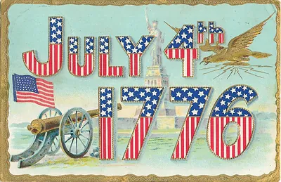 July 4th 1776 patriotic greeting postcard with flags