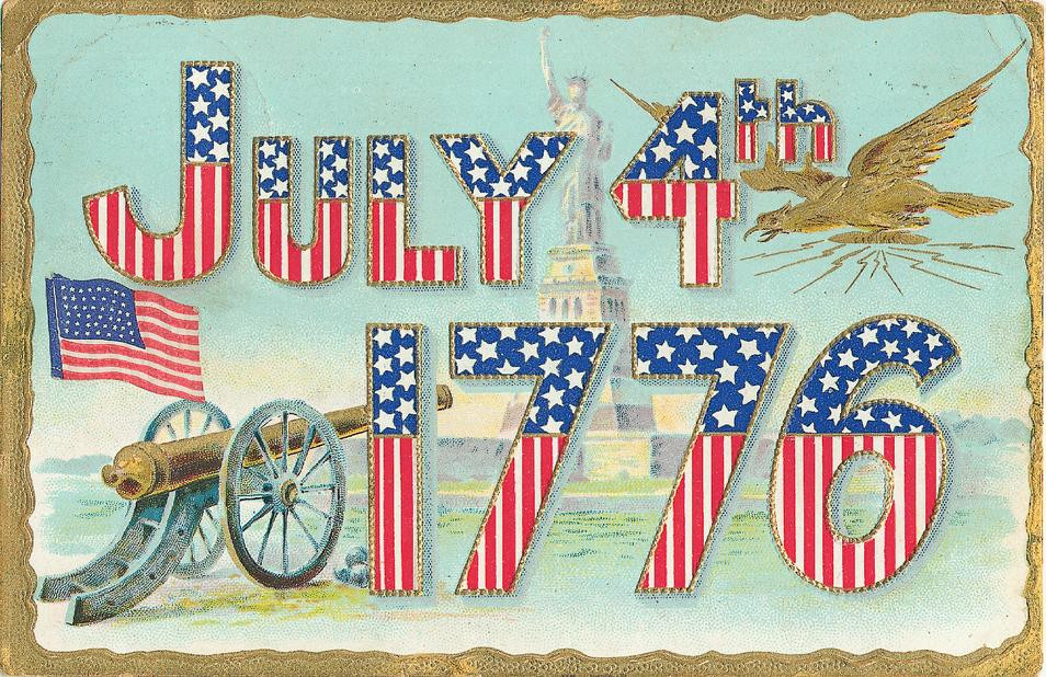 July 4th 1776 patriotic greeting postcard with flags — vintage postcard
