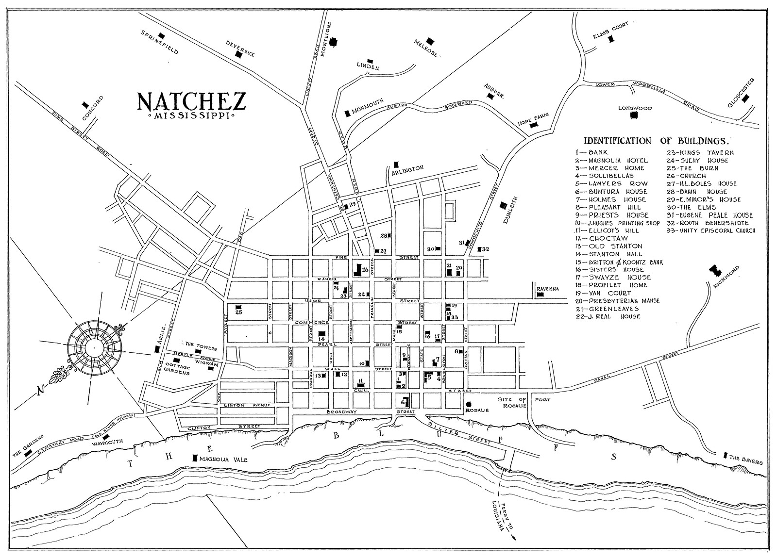Map of Natchez, Mississippi, with identification of buildings — antique map