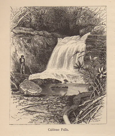 Caldeno Falls, engraving of a waterfall with a standing man