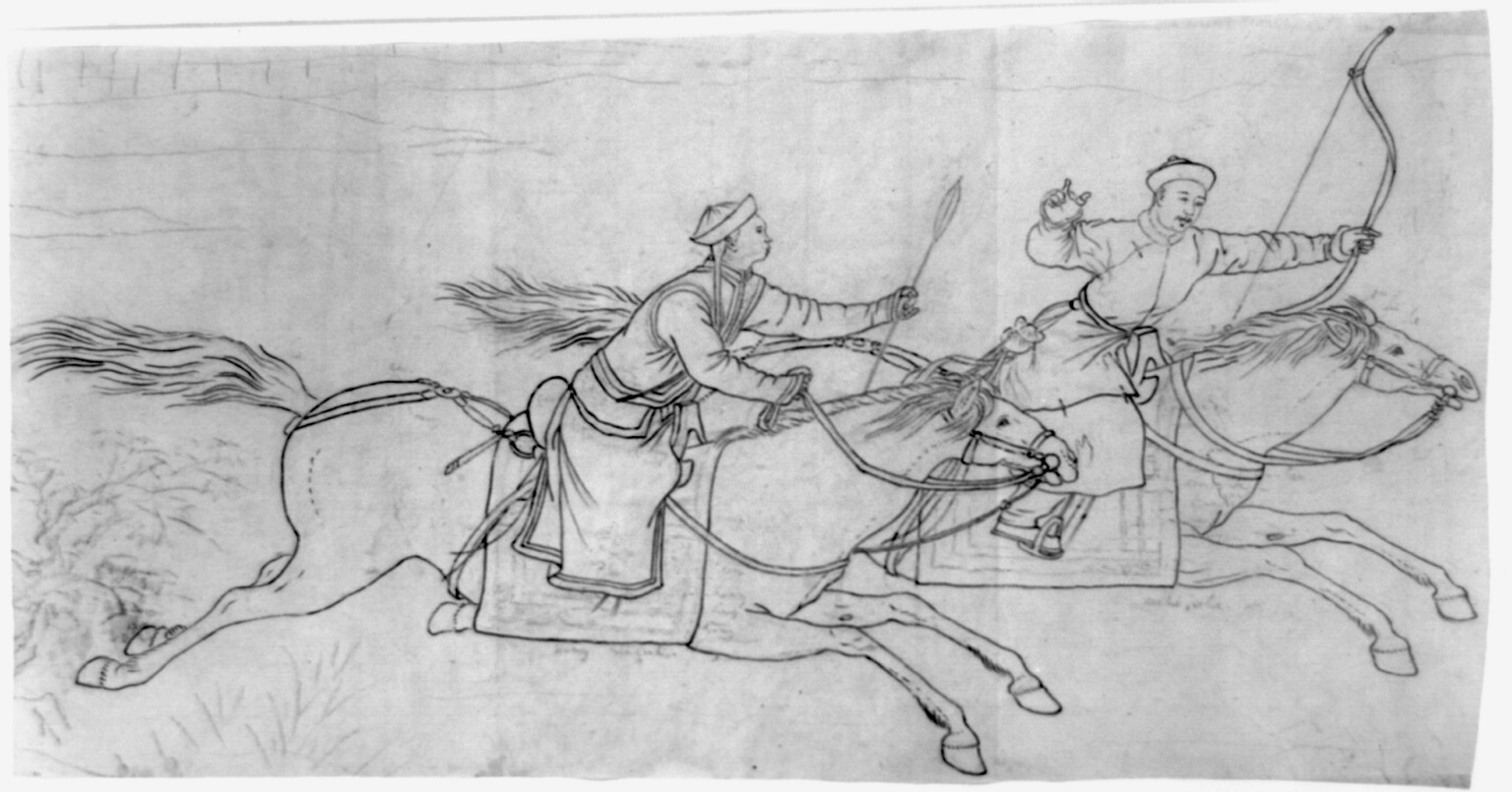 [Two Manchus hunting on horseback, one with a spear or arrow, and one with a bow], [between 1860 and 1900] — historic drawing