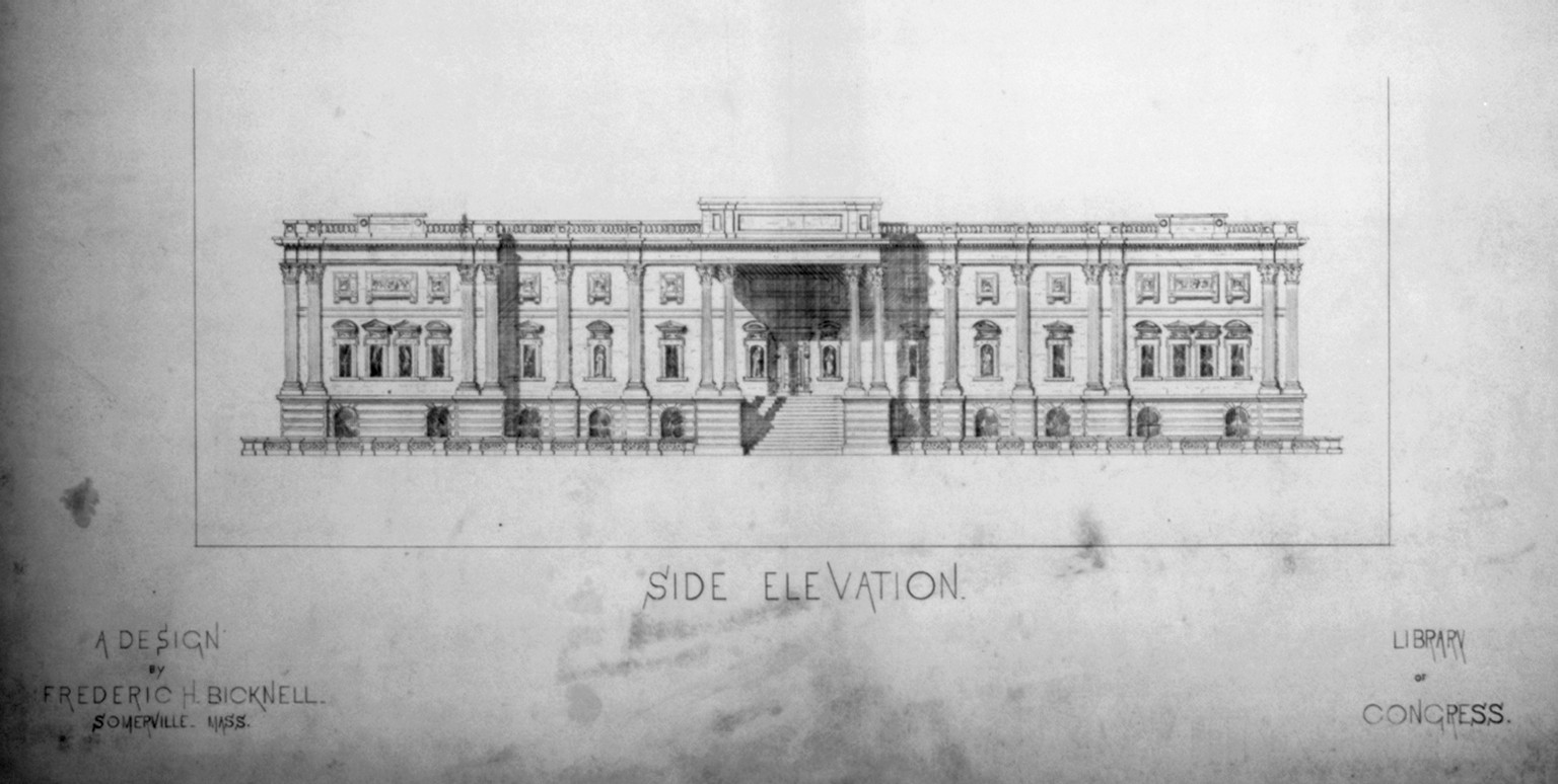 [Library of Congress, Washington, D.C. Side elevation], and Engineering (ADE) Drawings" (http://www.loc.gov/rr/print/res/103_ade.html)." — historic drawing