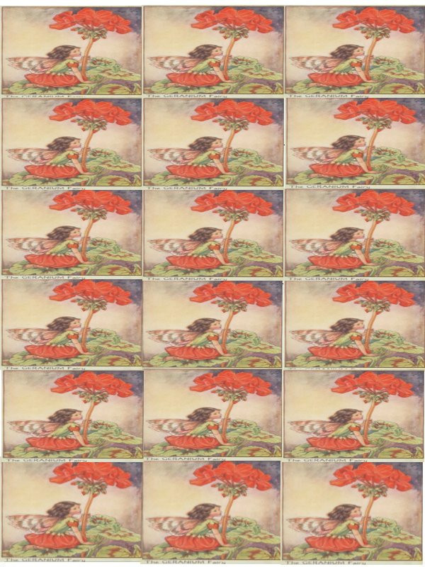 The Geranium Fairy illustration repeated on a printed sheet — historic print