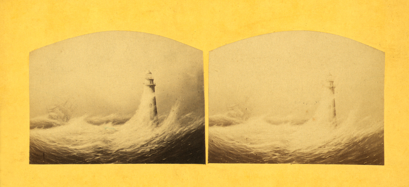 Stereo card of a lighthouse in stormy sea — stereograph