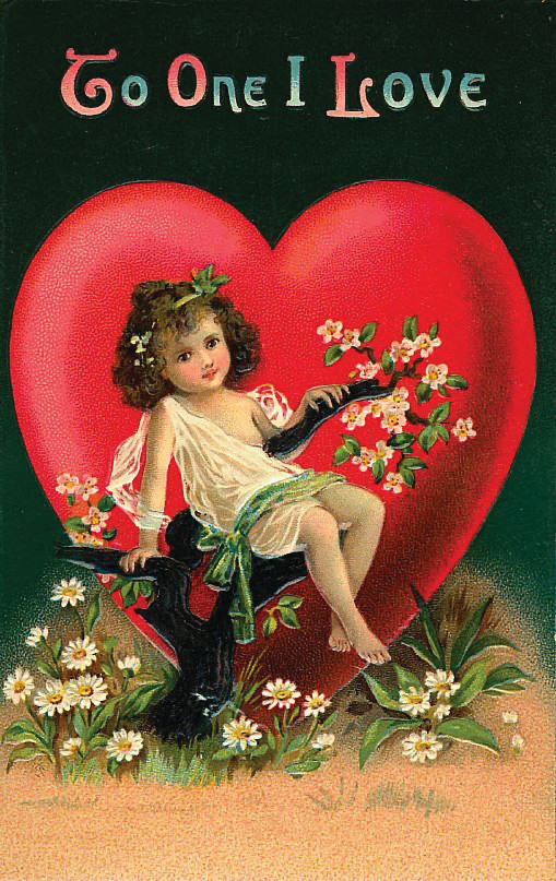 To One I Love Valentine card with child and red heart — historic image