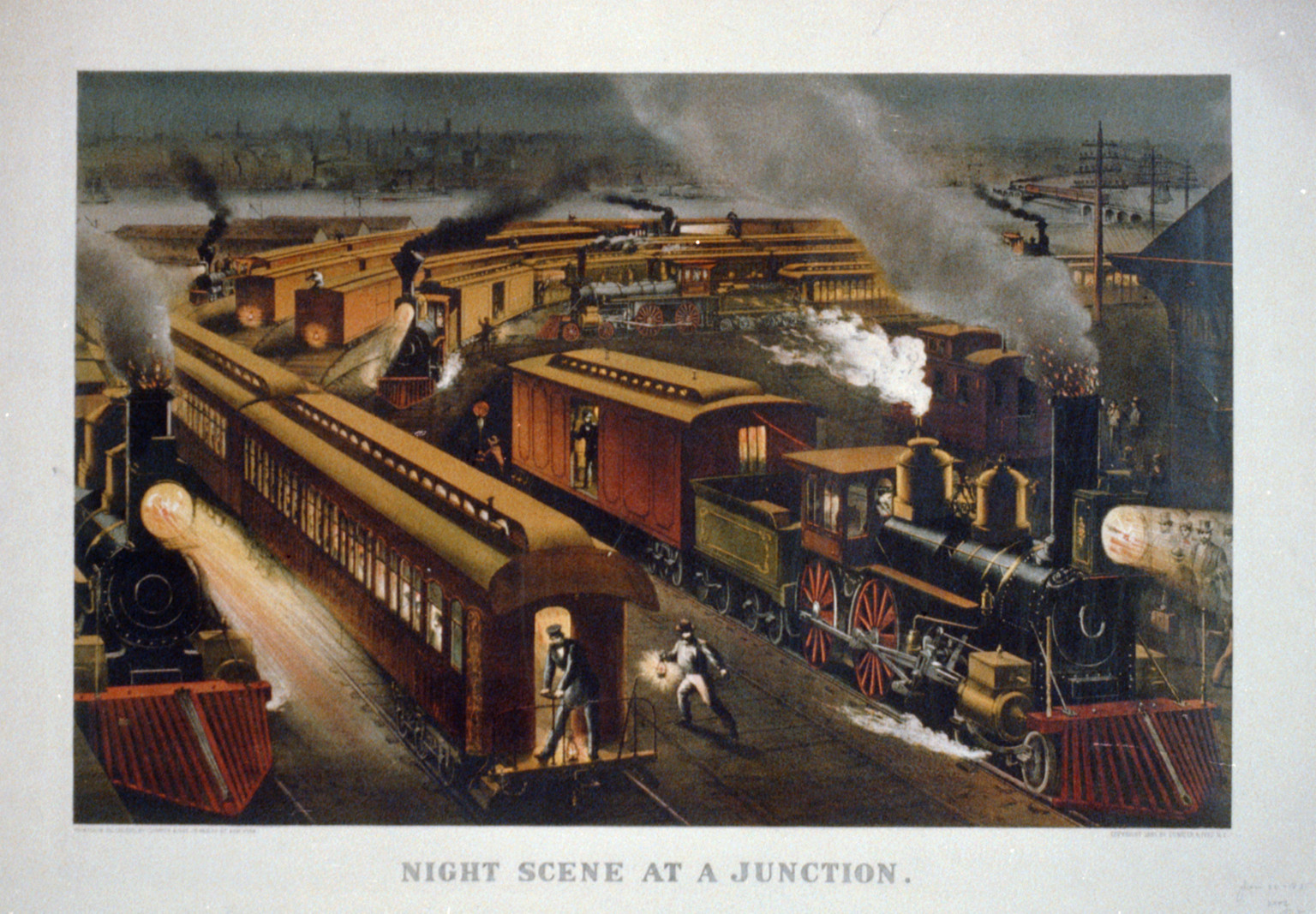 Night scene at a junction, New York : Printed in colors by Currier & Ives, 115 Nassau St., c1885. — antique lithograph