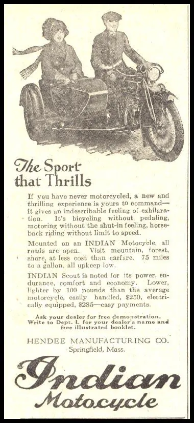The Sport that Thrills: Indian Motocycle advertisement with sidecar