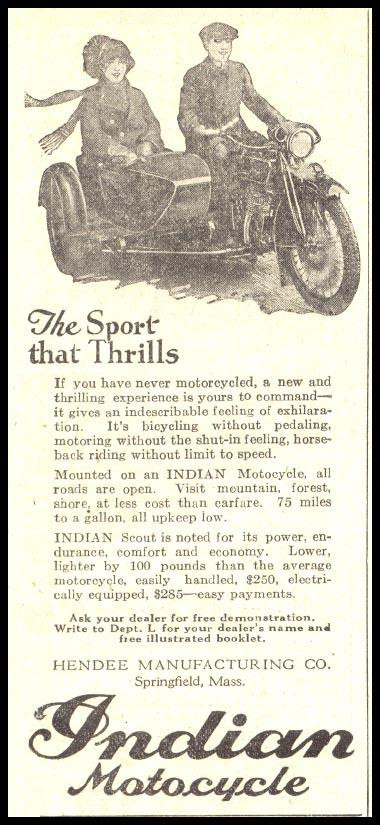 The Sport that Thrills: Indian Motocycle advertisement with sidecar — historic image