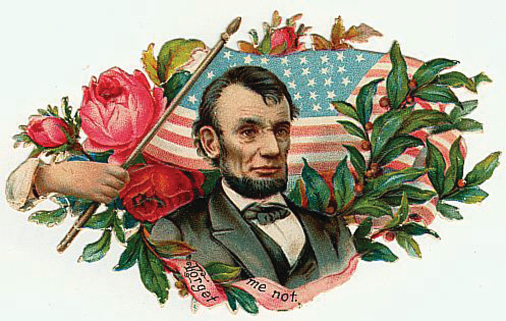 Portrait with flag, roses and 'Forget me not' ribbon — historic image