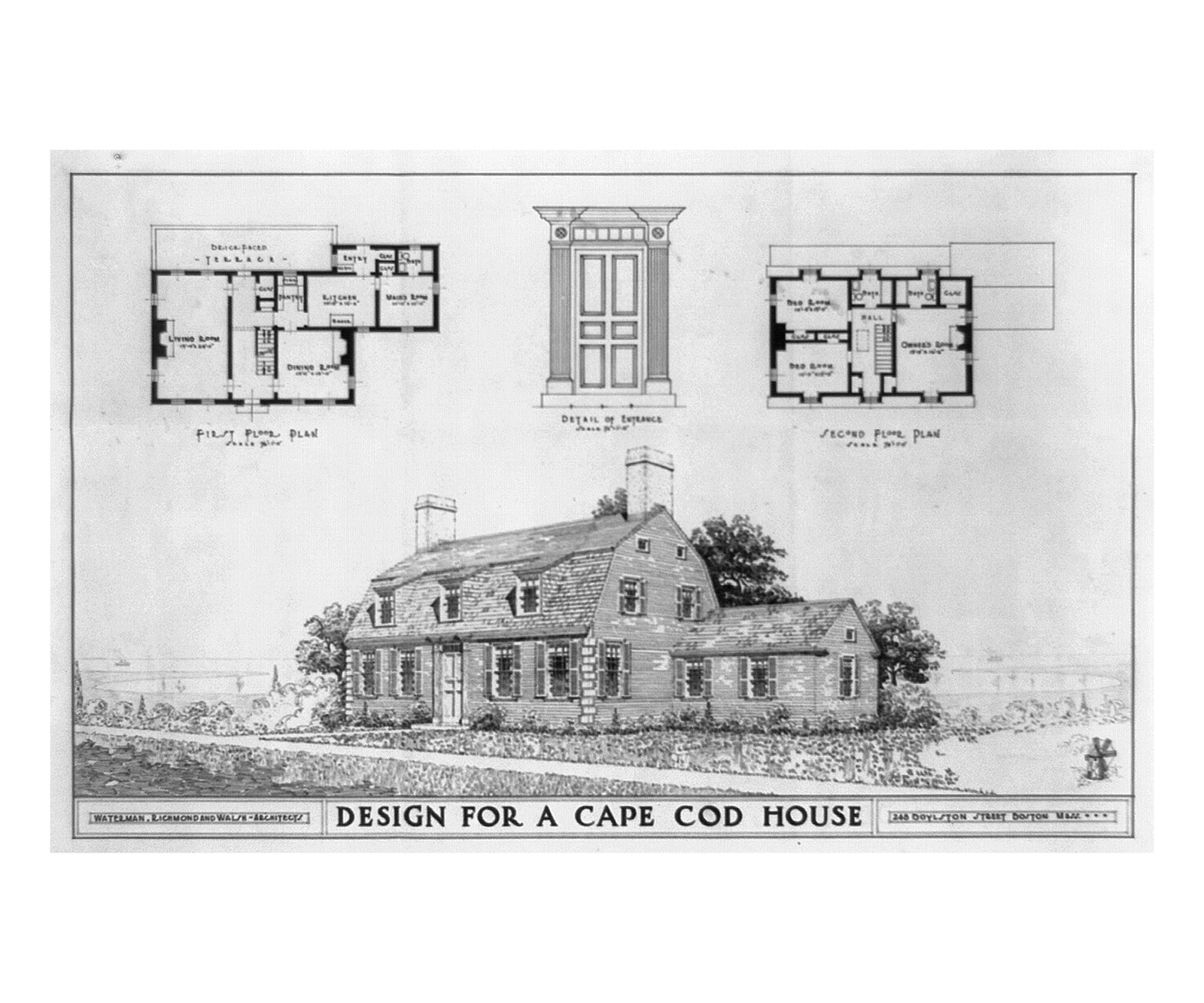 Architectural drawing for a house (Cape Cod House"). Perspective entrance detail", and Engineering (ADE) Drawings" (http://www.loc.gov/rr/print/res/103_ade.html)." — historic drawing