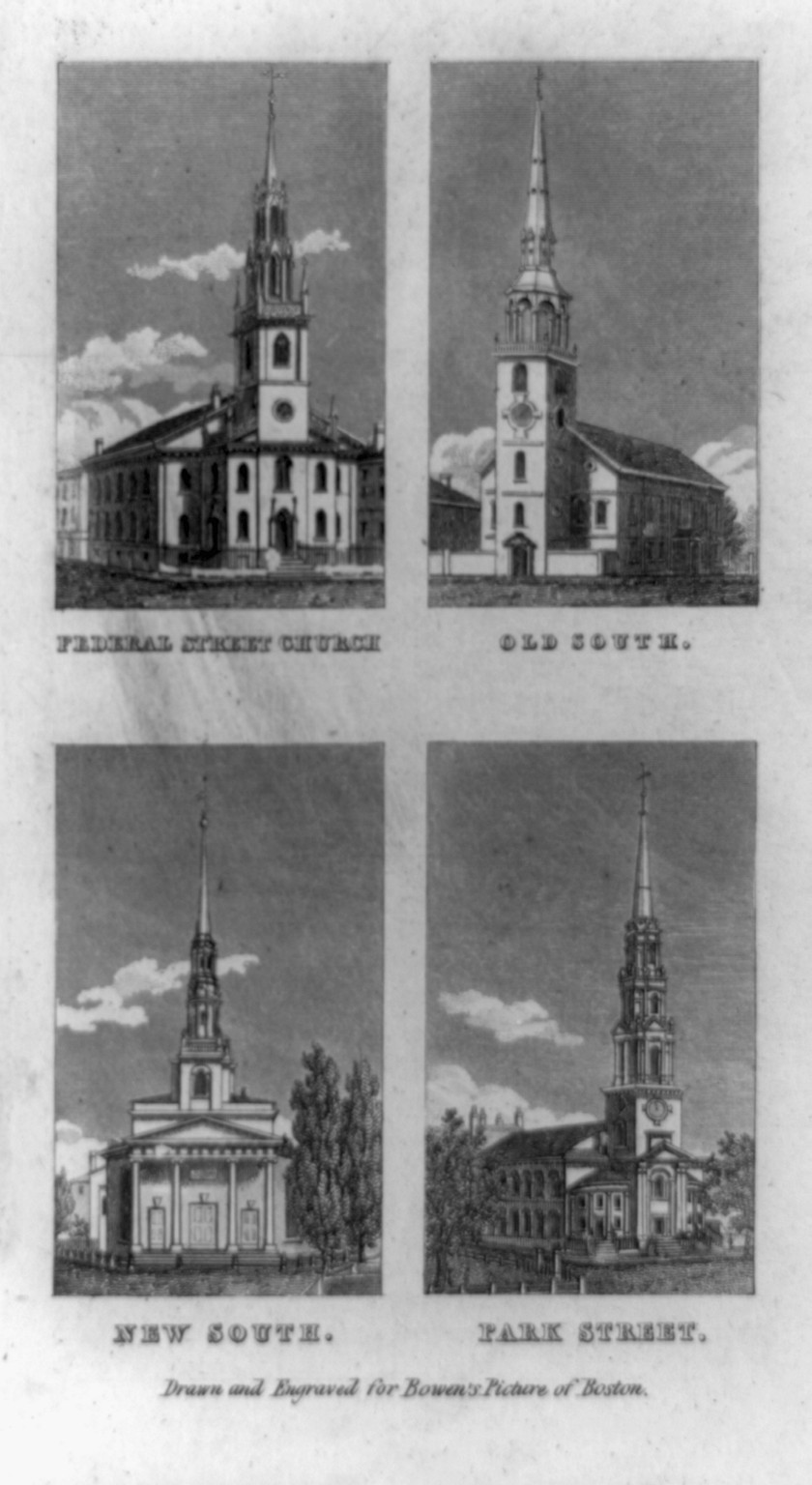 [Churches in Boston, Mass. or vicinity: Federal Street Church, Old South, New South and Park Street], [ca. 1830] — antique engraving