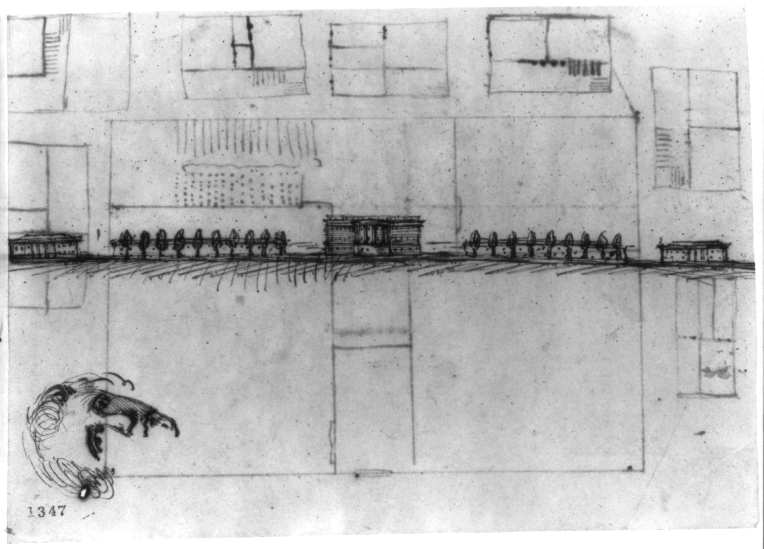 [White House, Washington, D.C. Sketch - President's house/executive offices, south elevation], and Engineering (ADE) Drawings" (http://www.loc.gov/rr/print/res/103_ade.html)." — historic drawing
