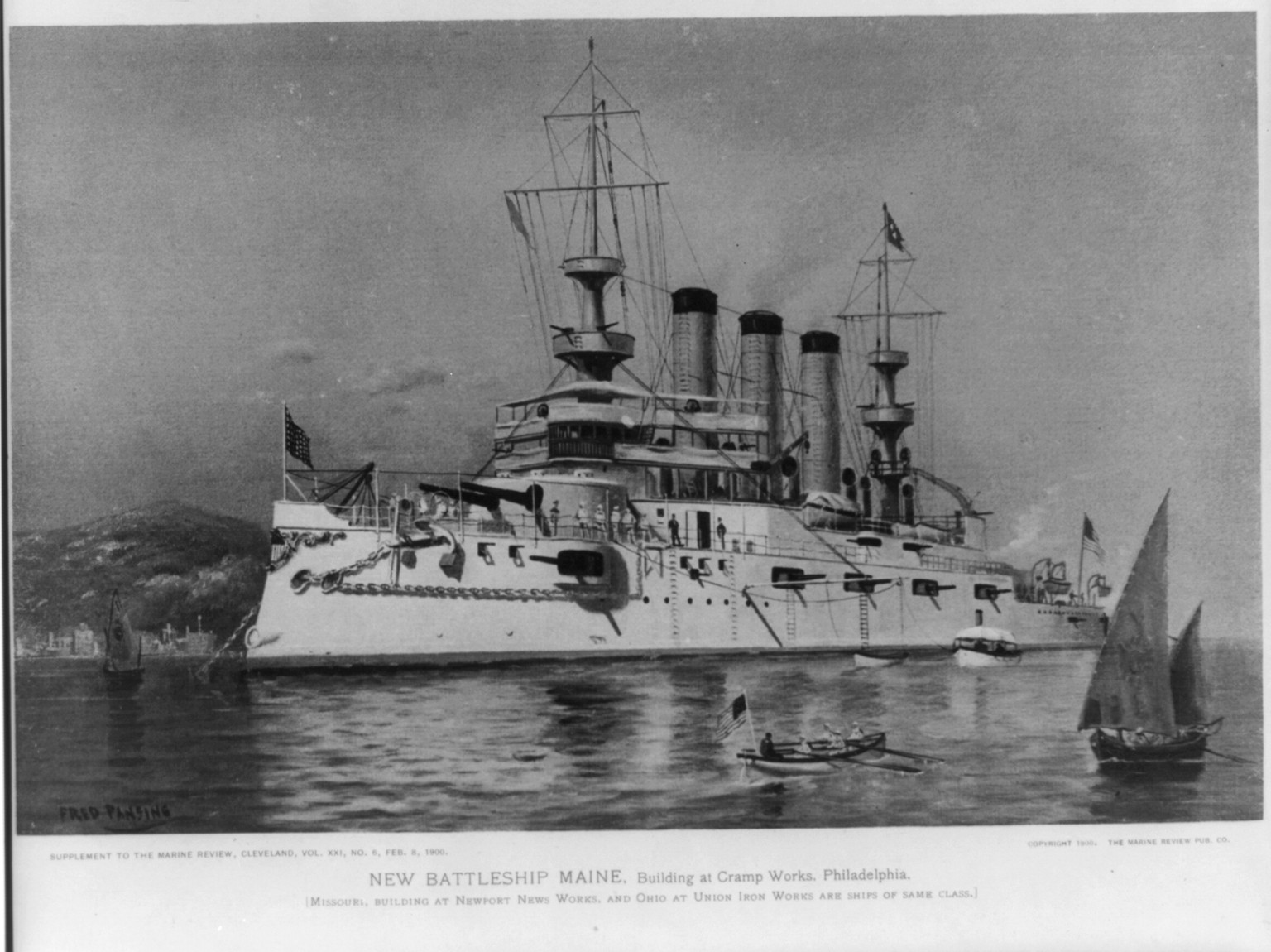New battleship Maine, building at Cramp Works, Philadelphia / Fred Pansing., Marine Review Pub. Co., c1900. — historic print