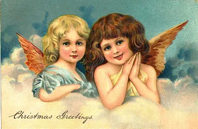 Christmas Greetings postcard with two cherub angels