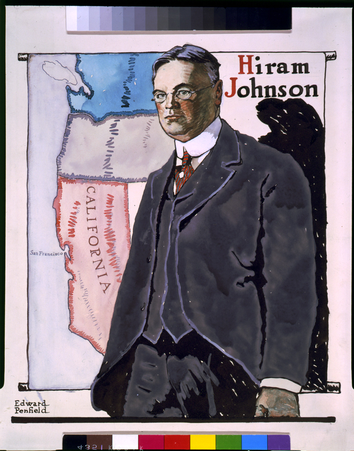 Hiram Johnson standing before a map of California — antique map