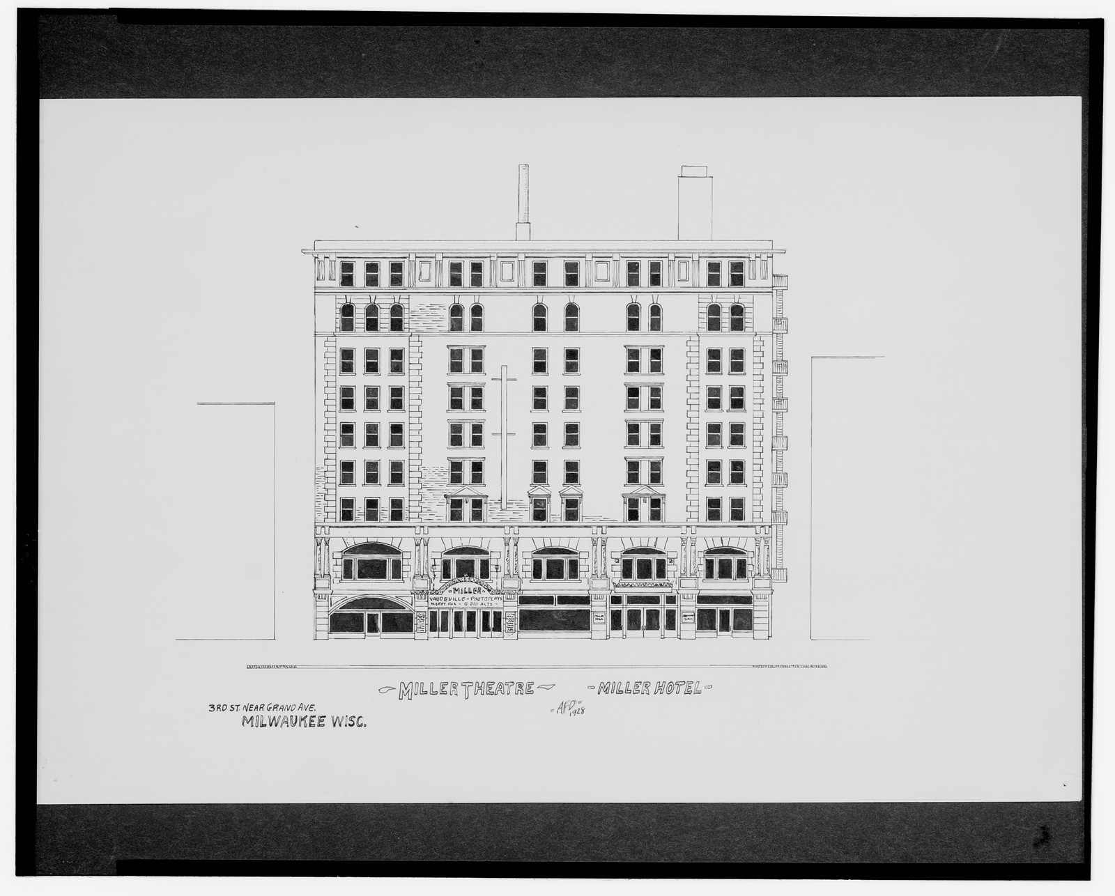 [Miller Theatre and Miller Hotel, 3rd St. near Grand Ave., Milwaukee, Wisconsin] / AFD 1928., And Engineering (ADE) Drawings — vintage poster