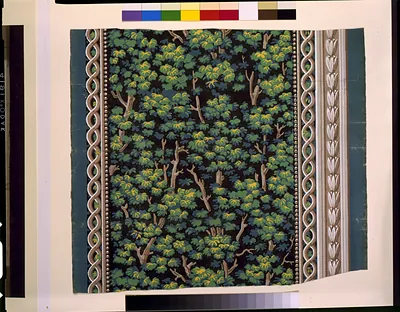[Wallpaper design number one, by Messrs. Virchaux & Co. Ground, tea-leaf. Composed of vines covered with leaves, with a border of similar gound and colors]