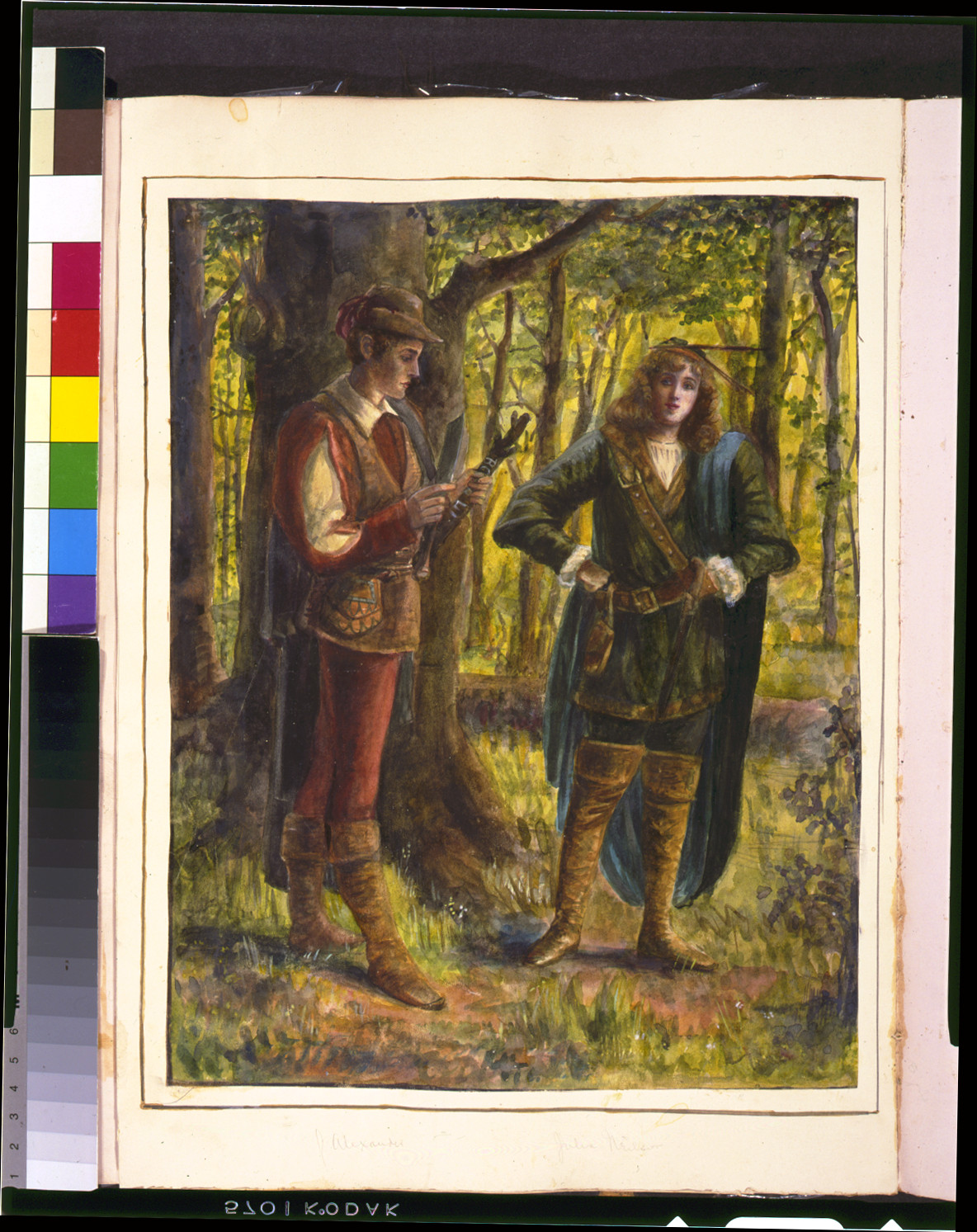 Two costumed figures in a forest, watercolour illustration — historic image