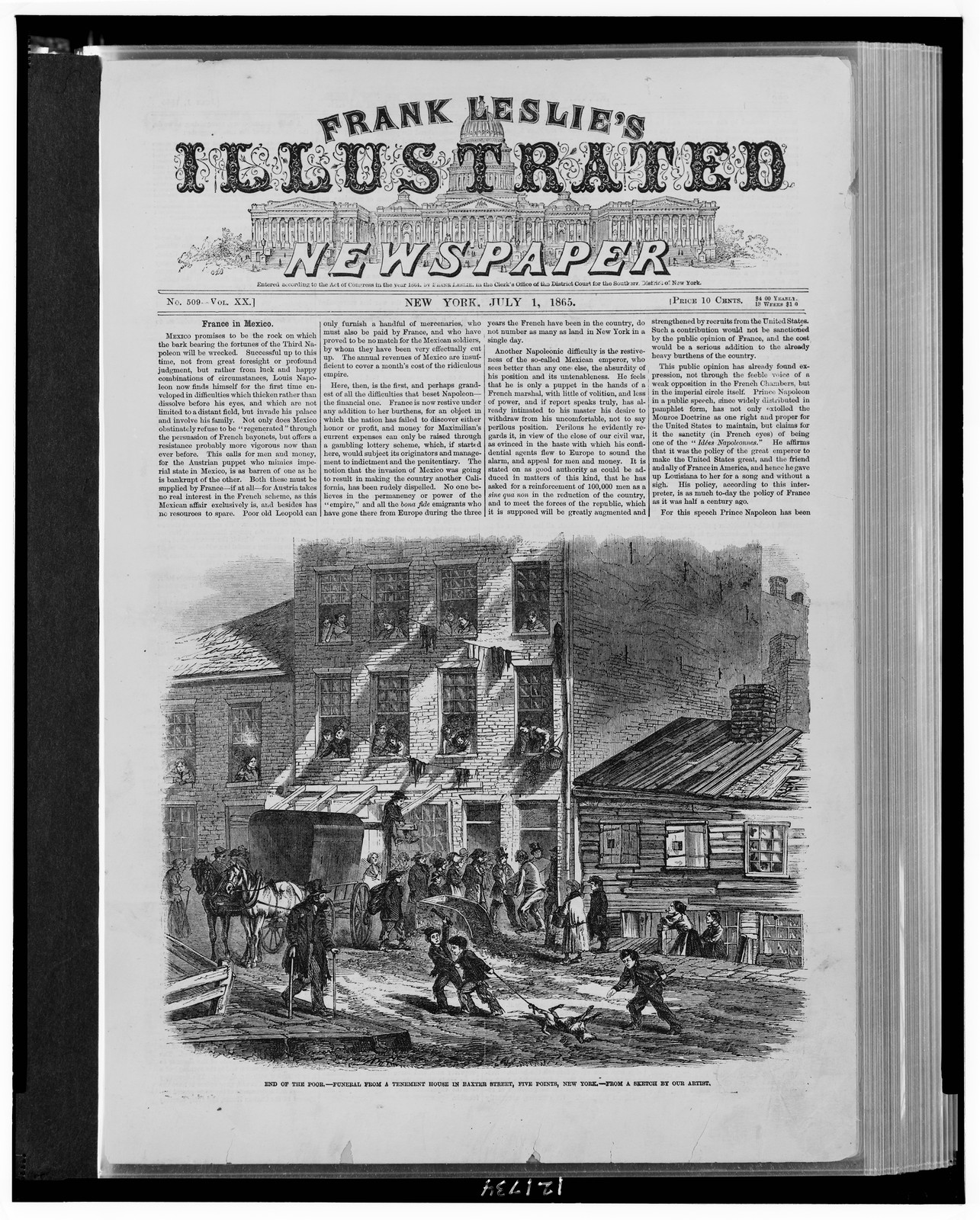 End of the poor Funeral from a tenement house in Baxter Street, Five Points, New York / from a sketch by our artist., 1865 — antique engraving