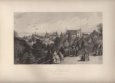 City of Cleveland, engraved view with strollers on a walk