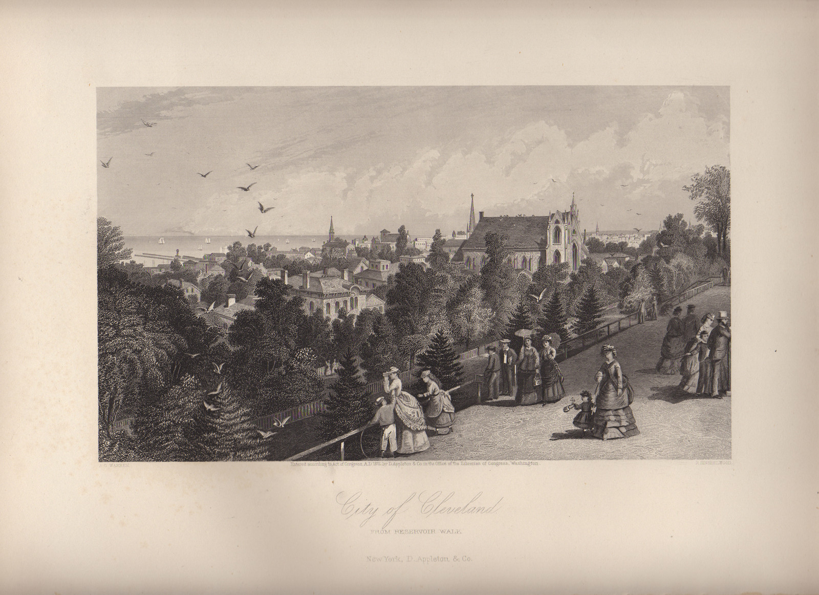 City of Cleveland, engraved view with strollers on a walk — historic image