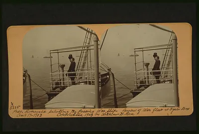 Pres. Roosevelt saluting the passing war ships--Review of war fleet at Oyster Bay, Aug. 17, 1903