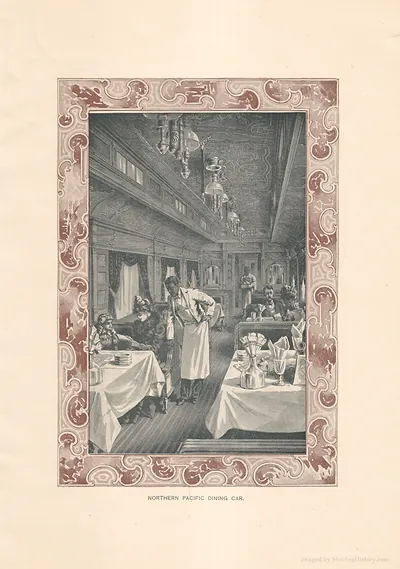Northern Pacific dining car interior with waiter
