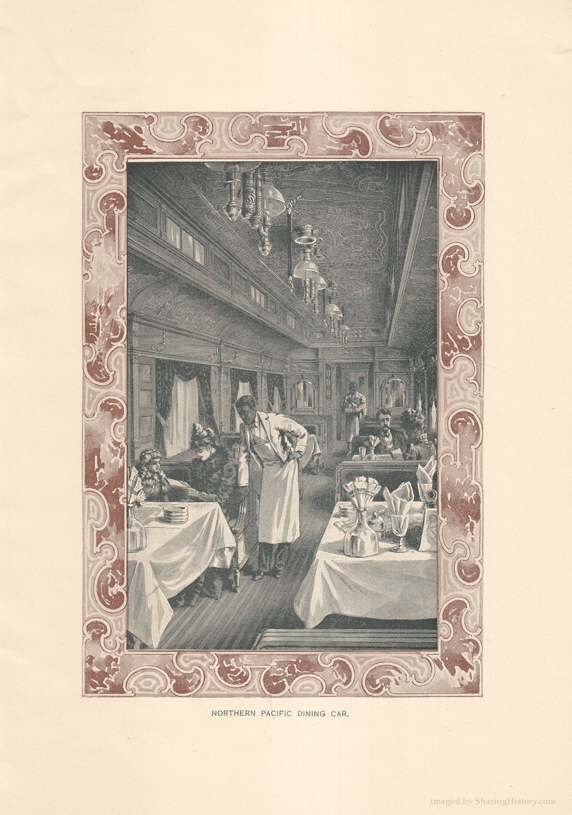 Northern Pacific dining car interior with waiter — historic image