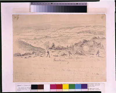 The battle of Gettysburg. View from the summit of Little Round Top. The advance of Genl. Longstreet's Corps on the Union position (5th Corps) on Little Round Top, Thursday evening and Friday afternoon / E.F.