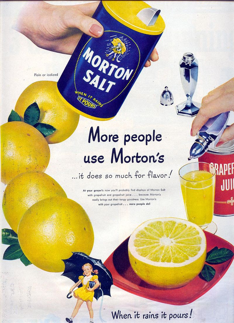 Morton Salt advertisement with grapefruit and grapefruit juice — historic image