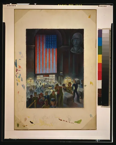 [Train station crowded with servicemen and women and a large U.S. flag]