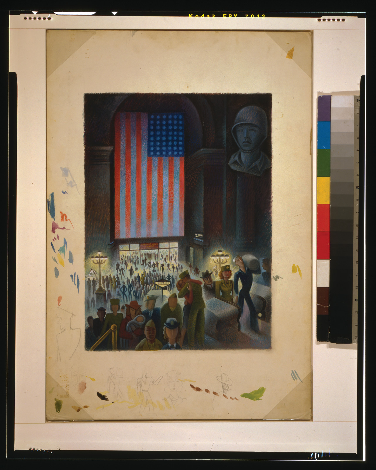 [Train station crowded with servicemen and women and a large U.S. flag], [1943] — historic drawing