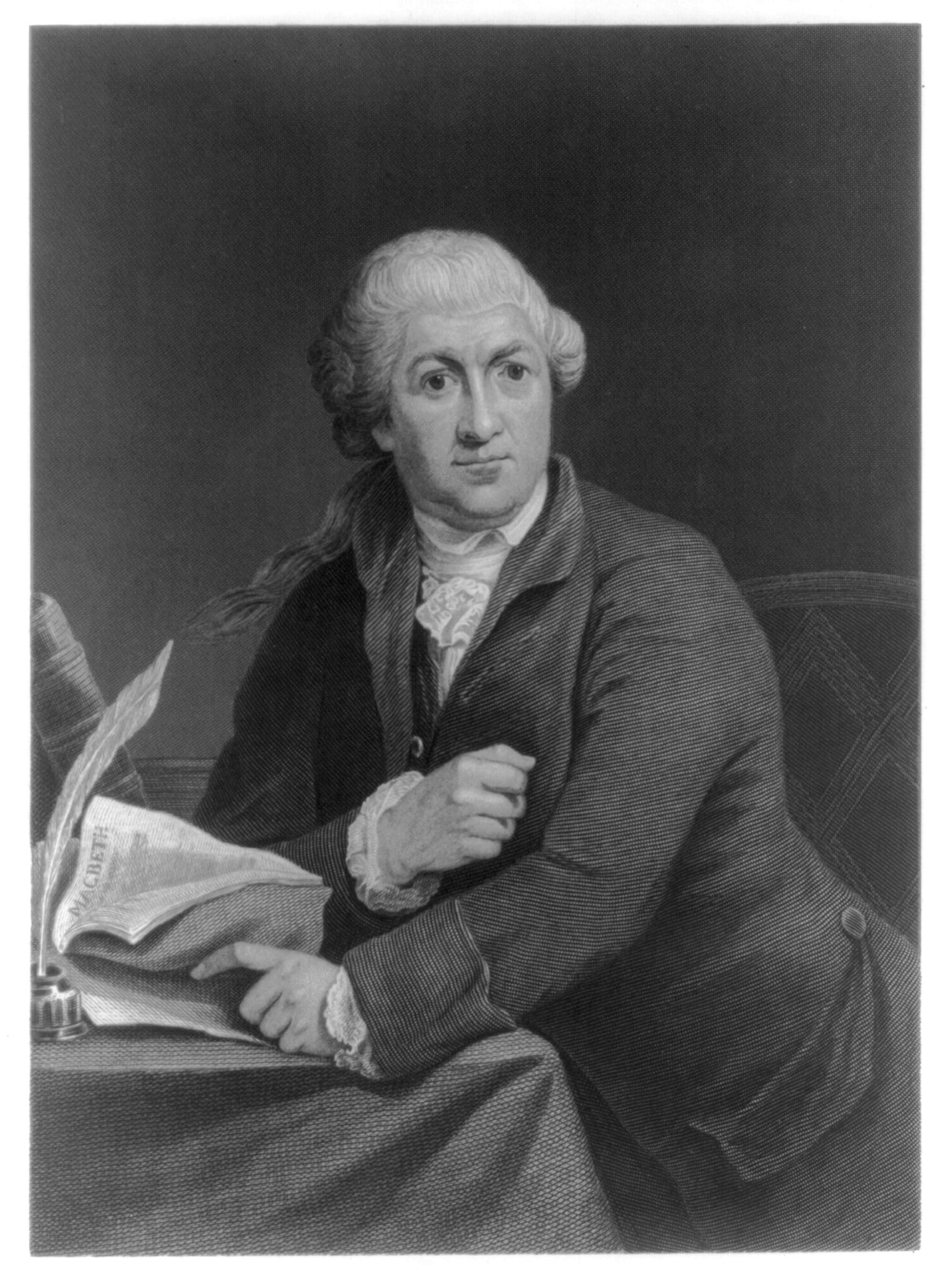 [David Garrick, 1717-1779, half-length portrait, seated, facing front] — antique engraving